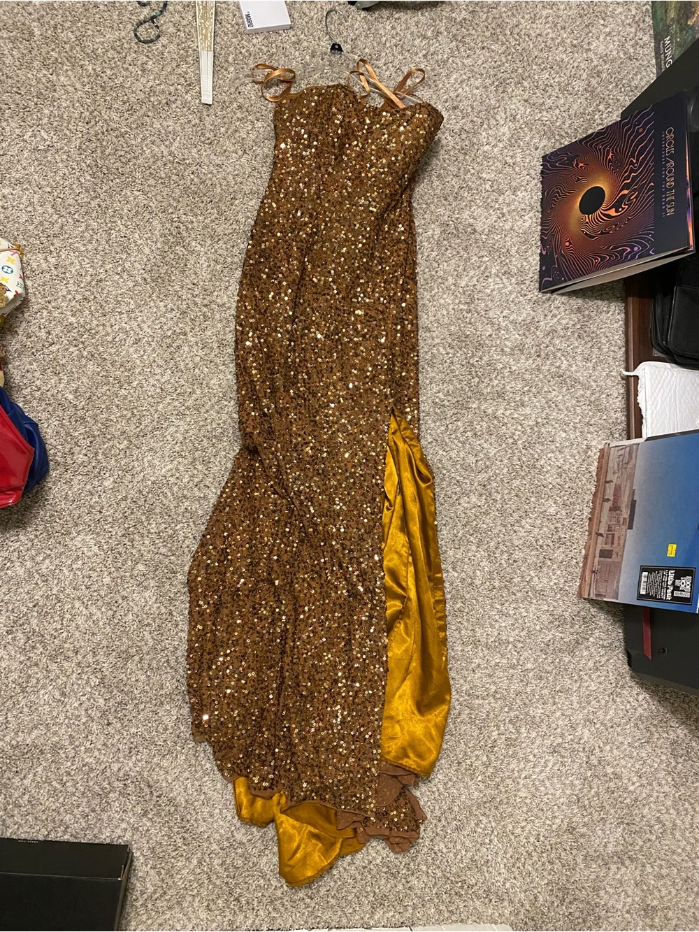 Sparkling Gold 100% Silk Interior Sequin Strapless Prom Dress with Corset
